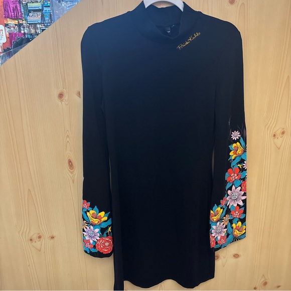 Frida Kahlo Dresses & Skirts - FRIDA KAHLO  ARTIST BLACK DRESS SMALL WITH FLORAL SLEEVES MIDI WEDDING COCKTAIL